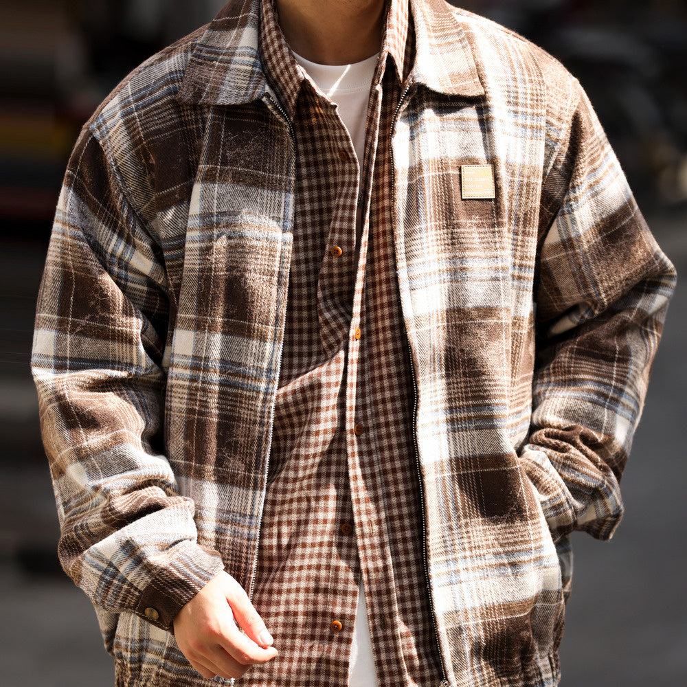 Ink wash blended plaid double-sided zipper loose brushed cardigan with a collar jacket