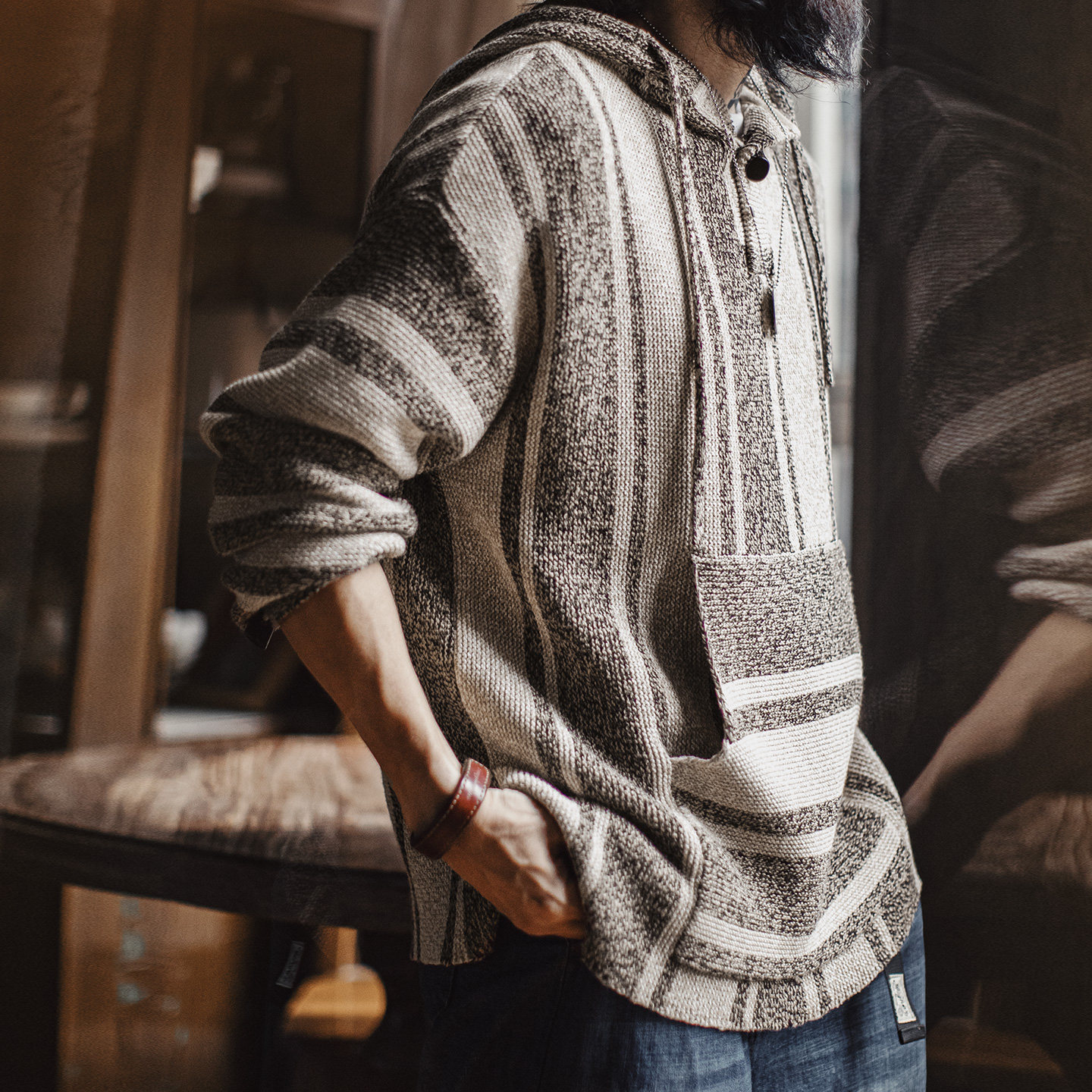 American Retro Bahia Half-Open Front Pullover Knit Sweater Lightweight Draping Outerwear