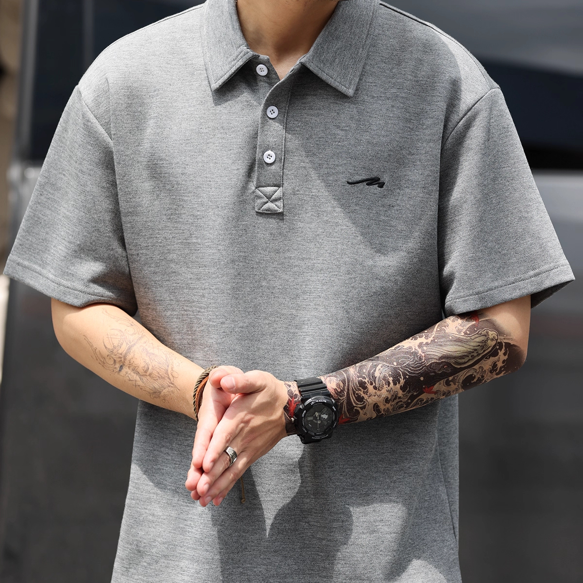 Summer casual 3D embroidered men's 240g heavyweight lapel short sleeved polo shirt