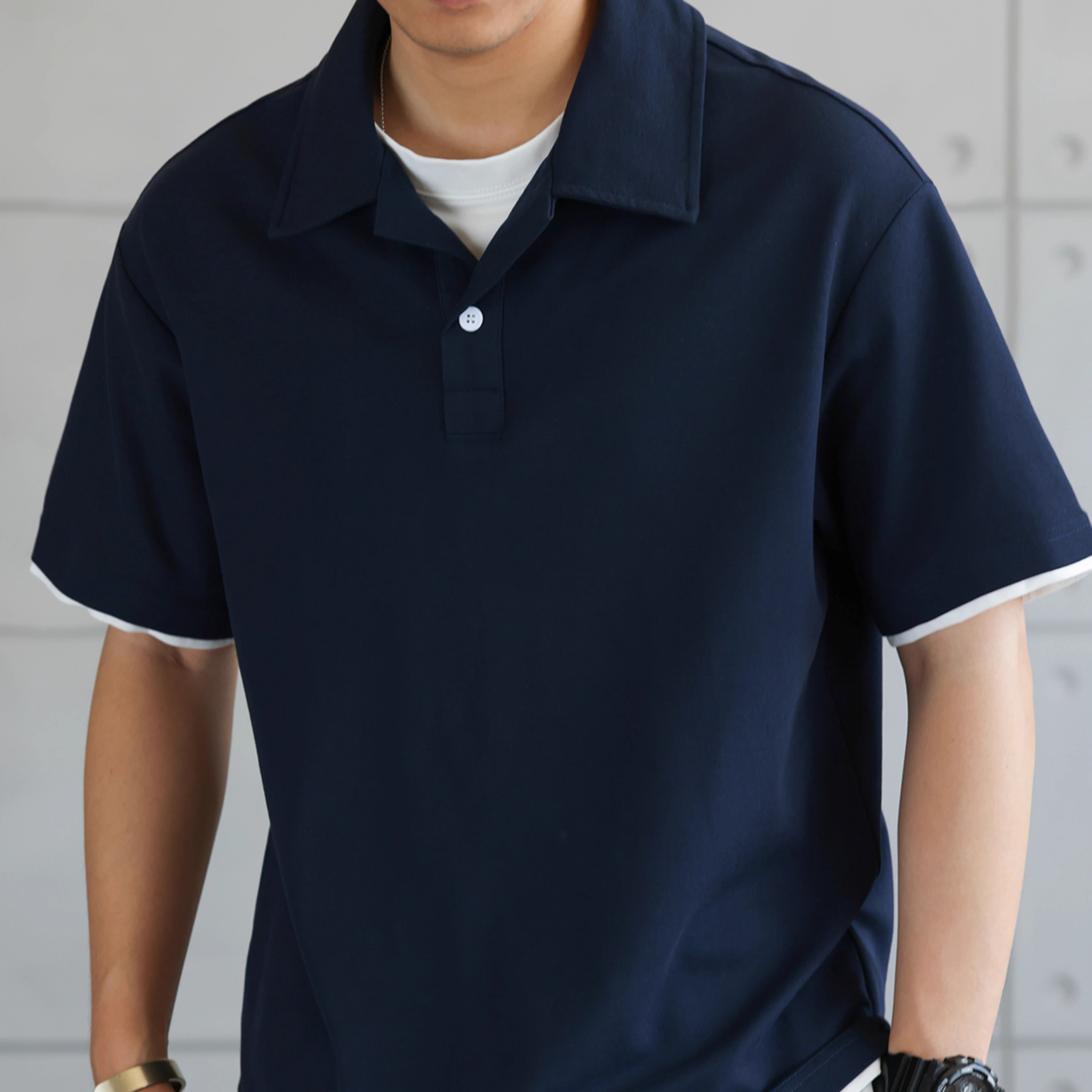 American style fake two Cuban collar men's casual thin polo shirts