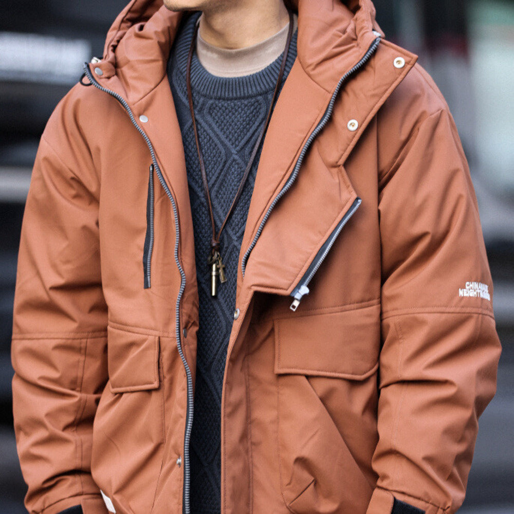 Mountain style outdoor hooded zipper down jacket, loose oversized white duck down jacket