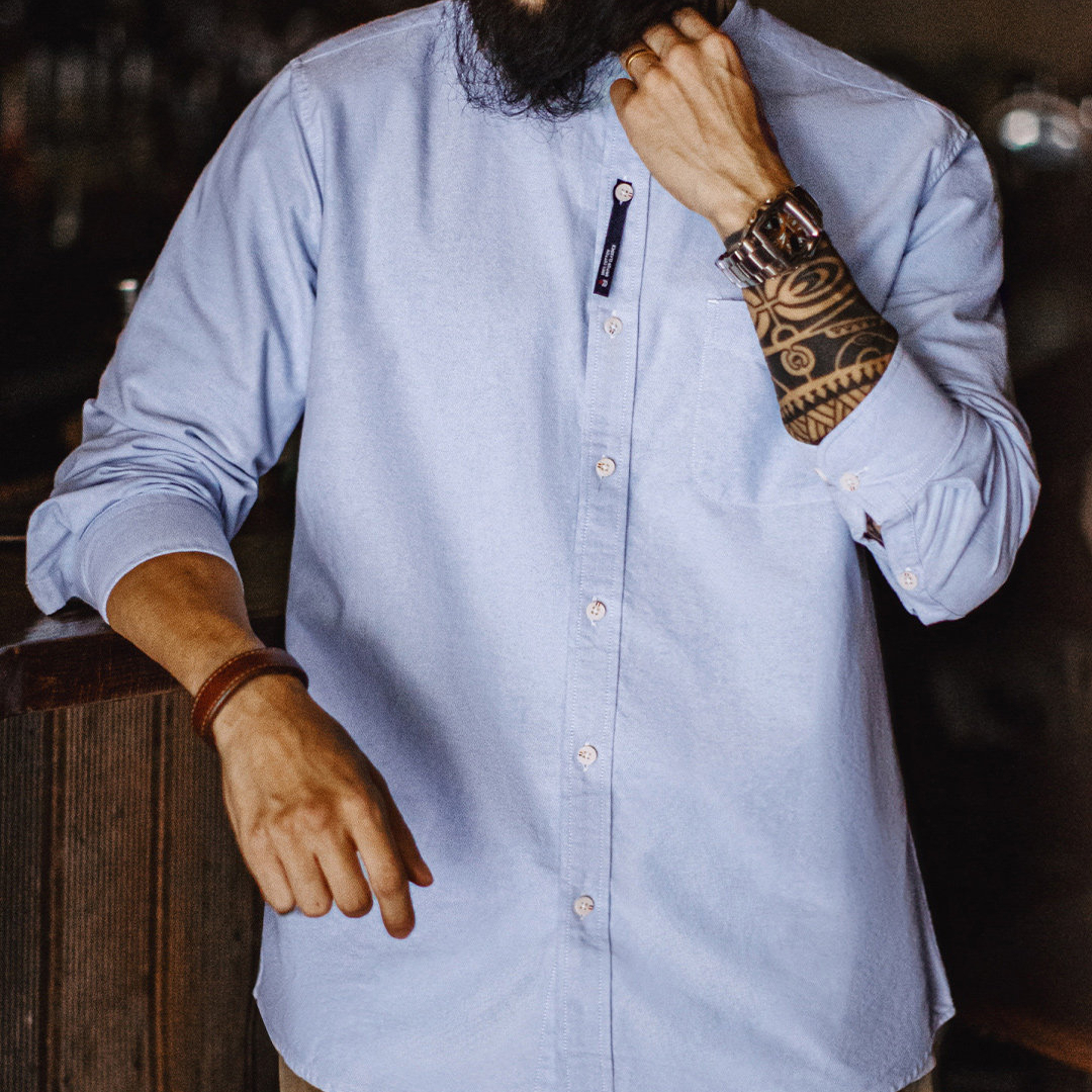 American Oxford Cloth Small High Neck Pure Cotton Long Sleeved Shirt