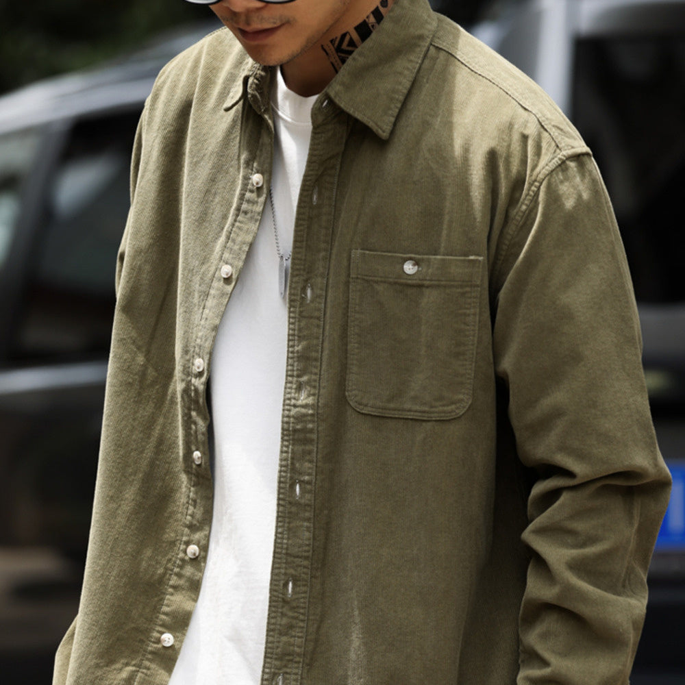 Collar corduroy long sleeved shirt for men, slightly wide casual drape texture shirt jacket