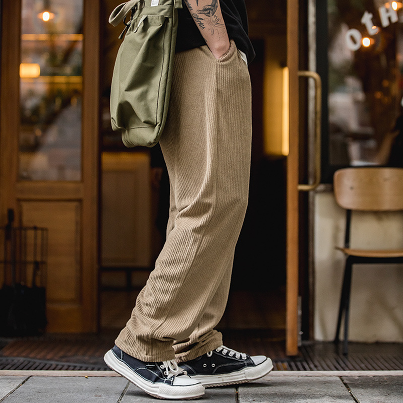 Maden Retro knitted dark gray elastic waist drawstring sports straight leg wide leg pants