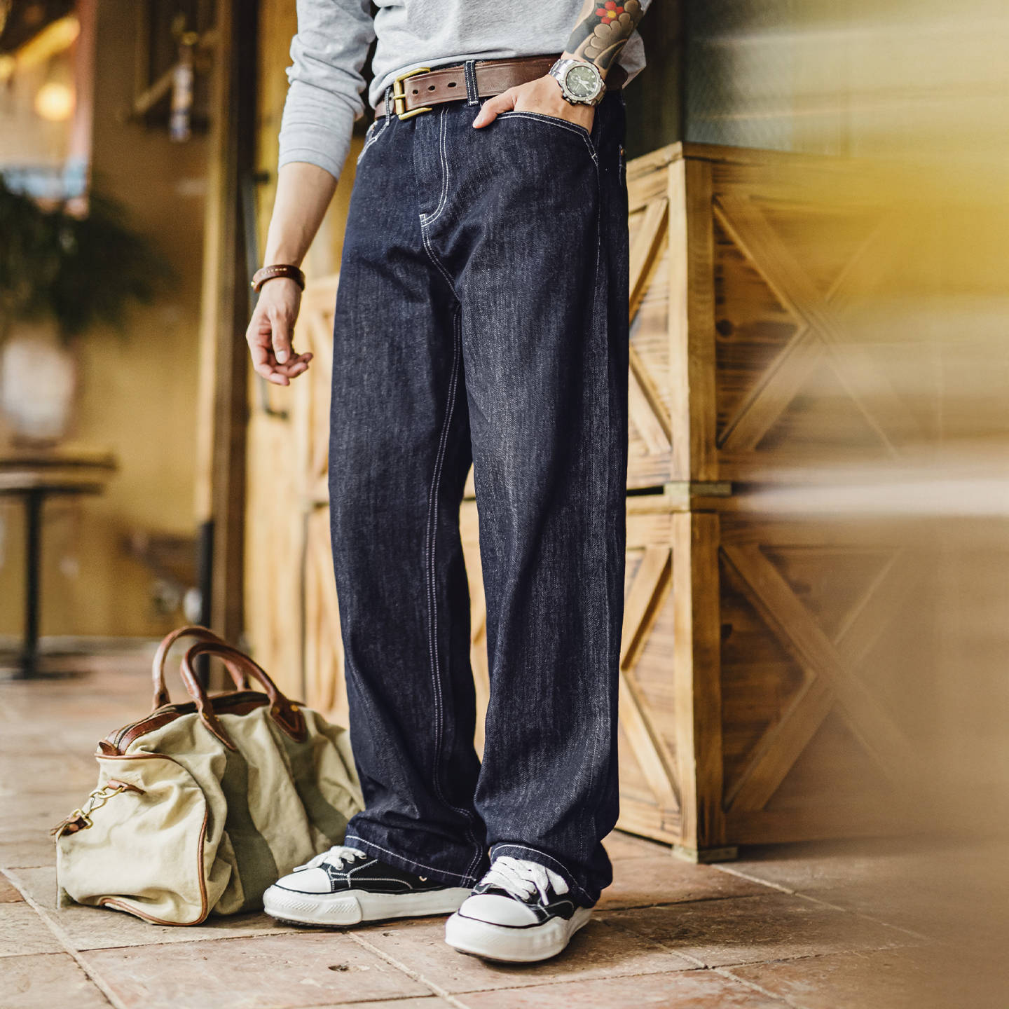 American Retro Original Cowhide Washed Straight Denim Casual Jeans