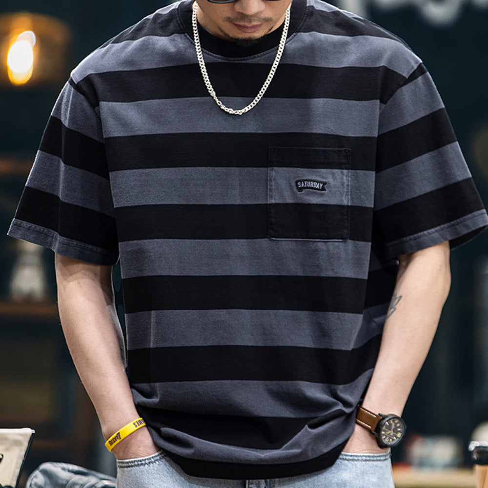 Summer American pure cotton striped men's loose round neck T-shirt