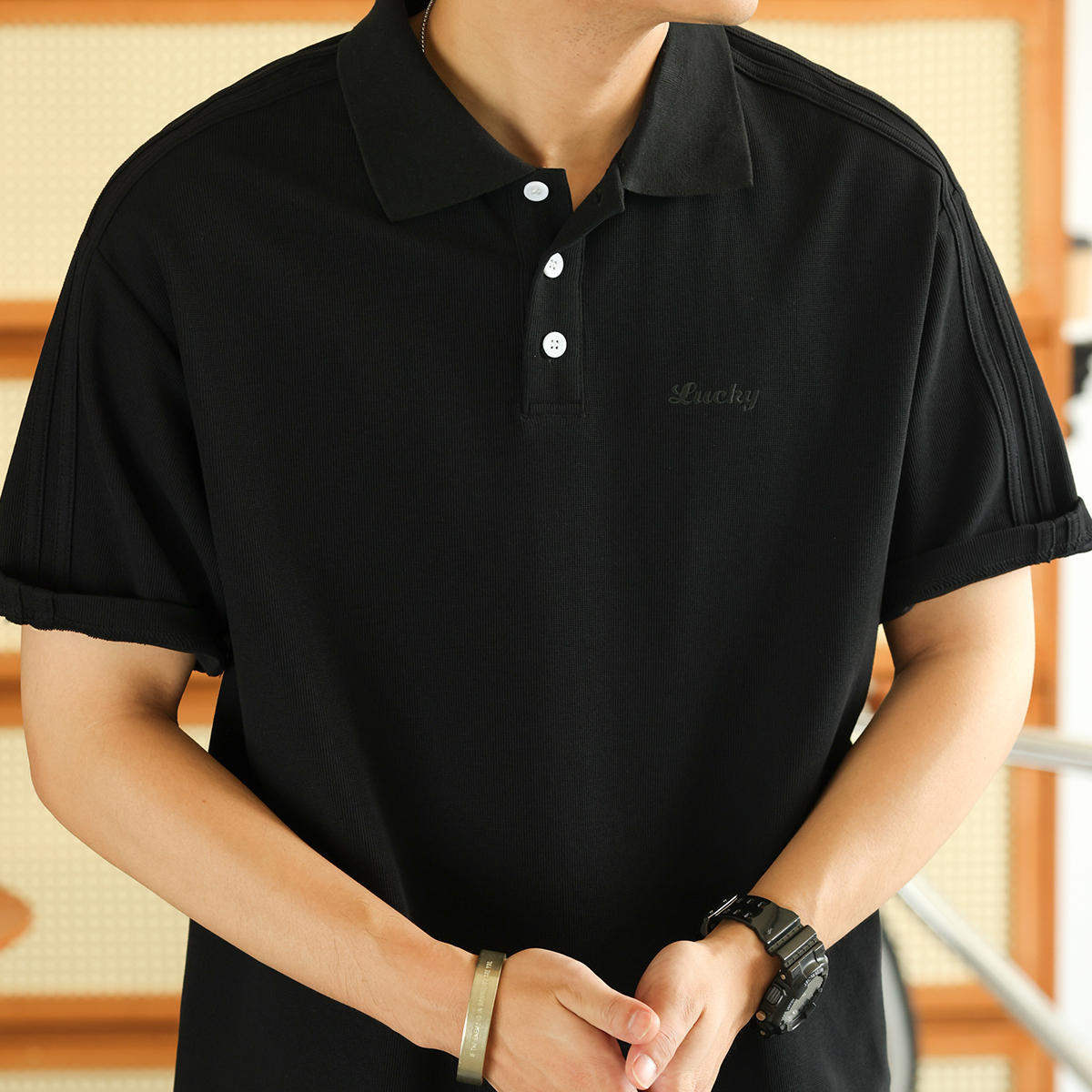 American casual 230g men's breathable embroidered letter lapel polo shirt