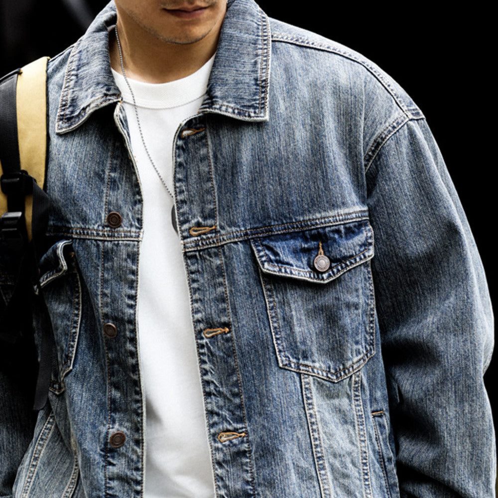 Bamboo patterned Western denim jacket, men's classic outerwear, motorcycle workwear jacket