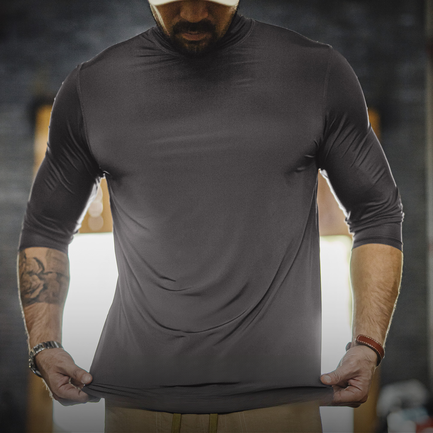 American style semi high neck fitness elastic gray slim fit ice silk long sleeved T-shirt