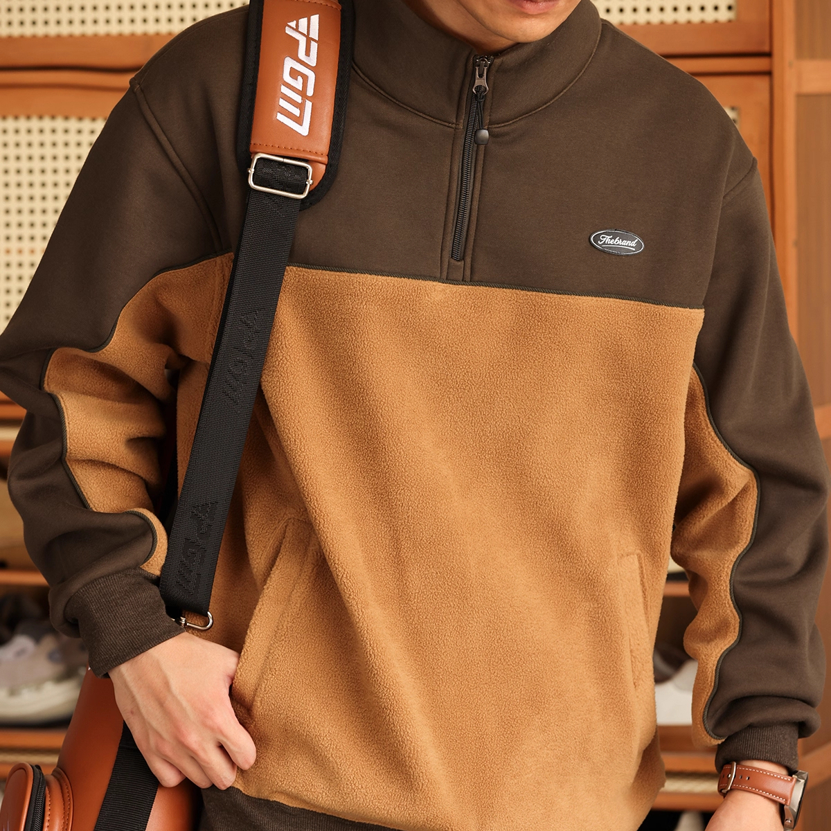 Japanese Retro Contrasting Color Spliced Fleece Men'S Thick And Warm Stand Up Collar Top