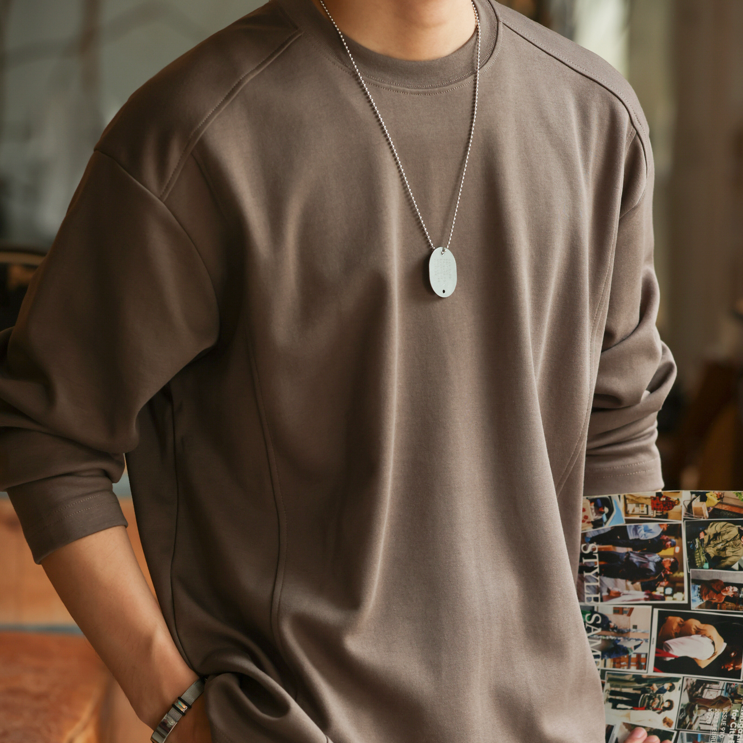 American Casual 280g Spliced Men'S Saddle Shoulder Cleanfit Long Sleeved T-Shirt