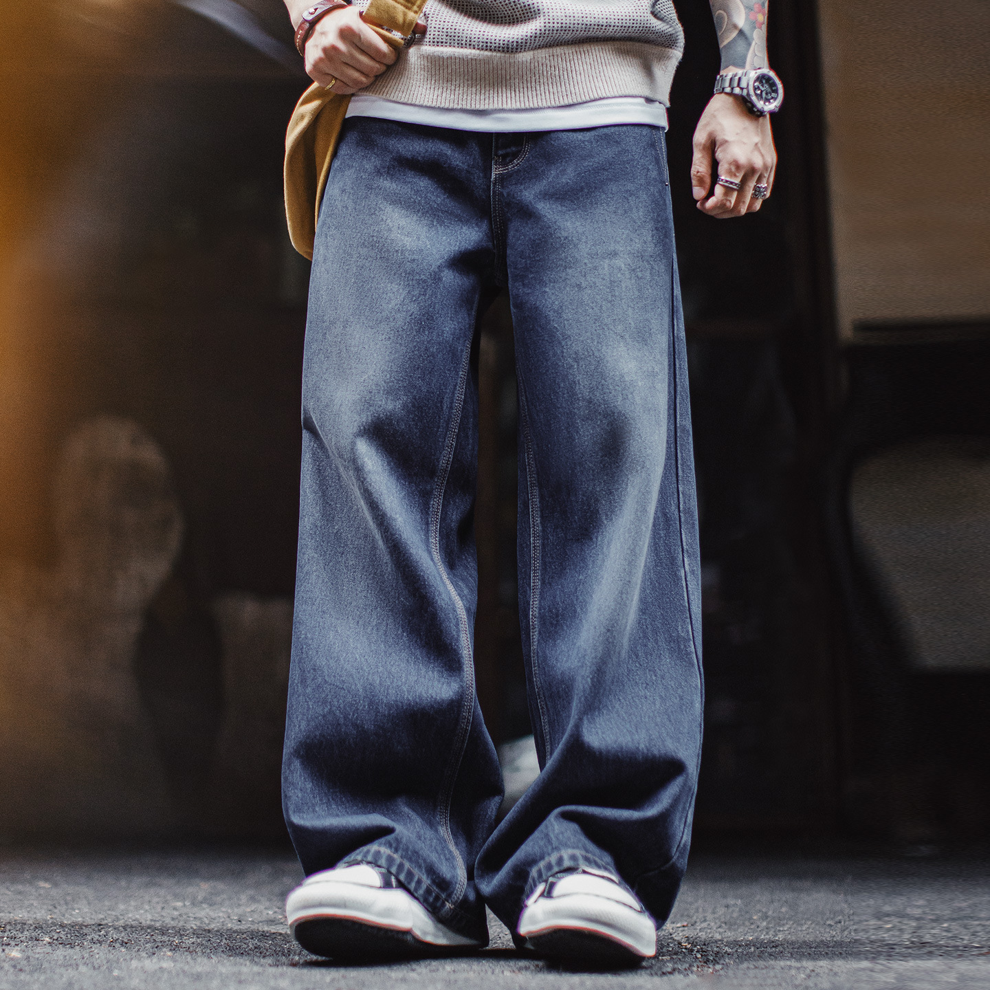 American Retro Washed Curved Knife Denim Wide Leg Hanging Casual Long Pants