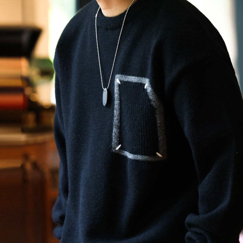 Casual 800g Heavyweight Patchwork Sweater Loose Thick Slouchy Niche Crew Neck Knit