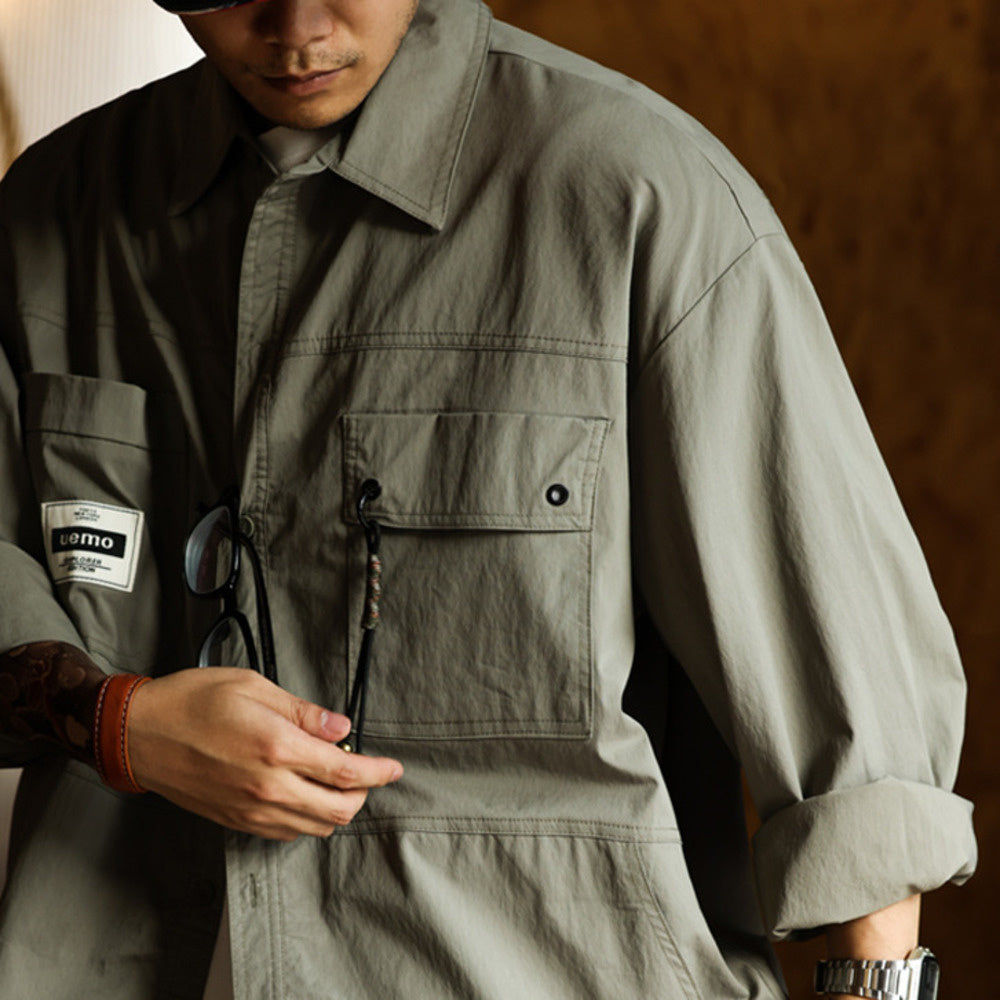 Outdoor workwear, long sleeved shirt, men's loose fit, casual and handsome, plus size shirt jacket