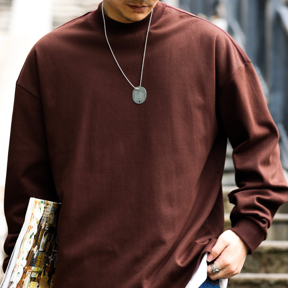 Casual 305g semi high neck long sleeved T-shirt for men, wide cut, autumn white, bottom layer shirt, trendy