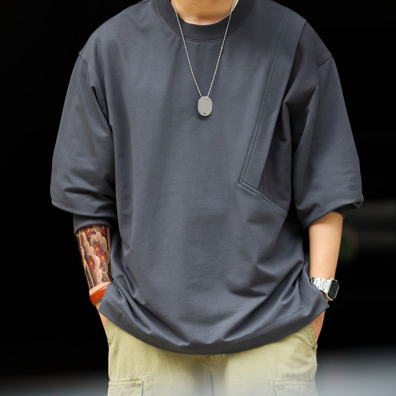 330g round neck long sleeved T-shirt with threaded splicing, loose fit