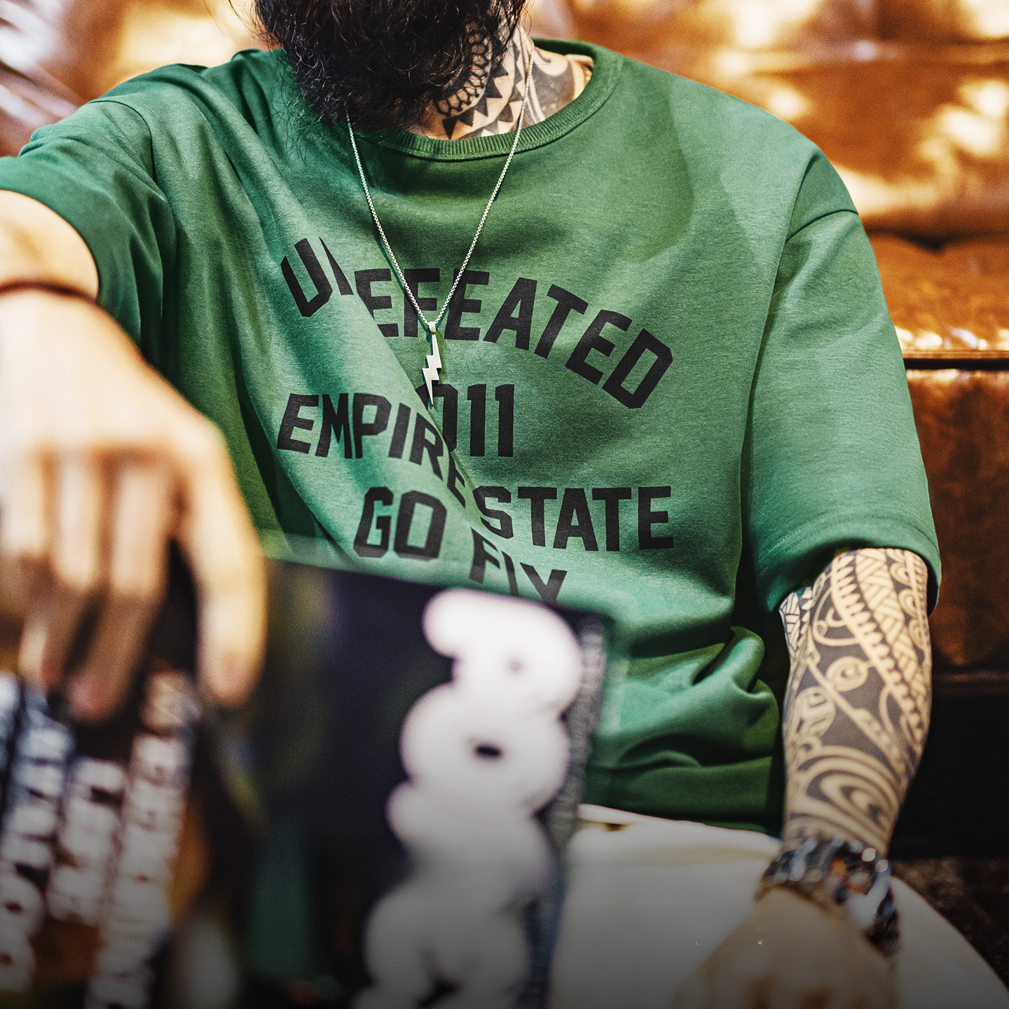 American Printed Green Round Neck Shoulder Design Short Sleeved T-Shirt