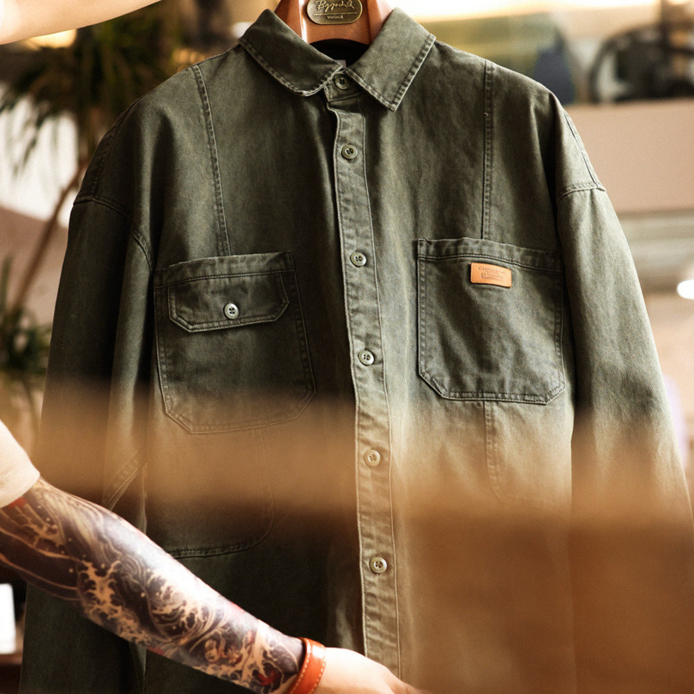 Wash off workwear shirt, military green tough guy hunting outfit, loose jacket
