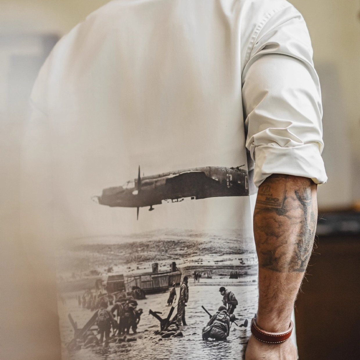 American retro printed Cuban collar loose white casual long sleeved shirt