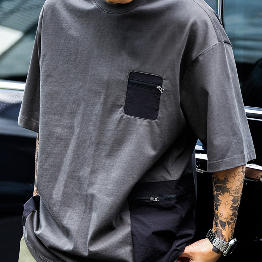 American retro outdoor zipper pocket men's loose short sleeved T-shirt