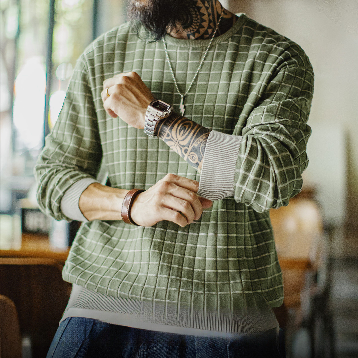 American Retro Plaid Round Neck Sweatshirt With Plaid Green Long Sleeved T-Shirt