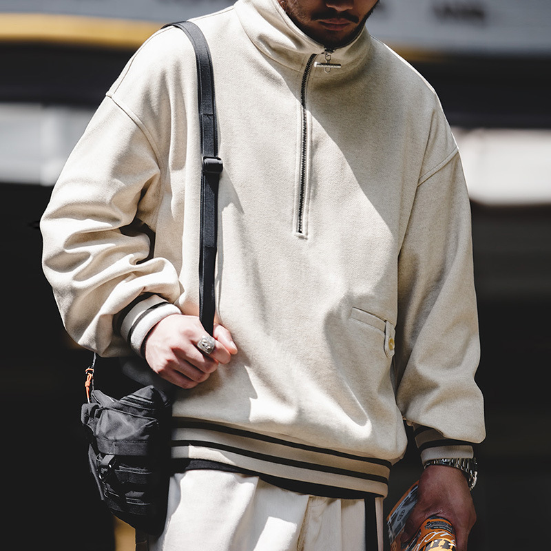 Magi Retro Ivy College Half Zipper Heavy Lapel Loose Pullover Top