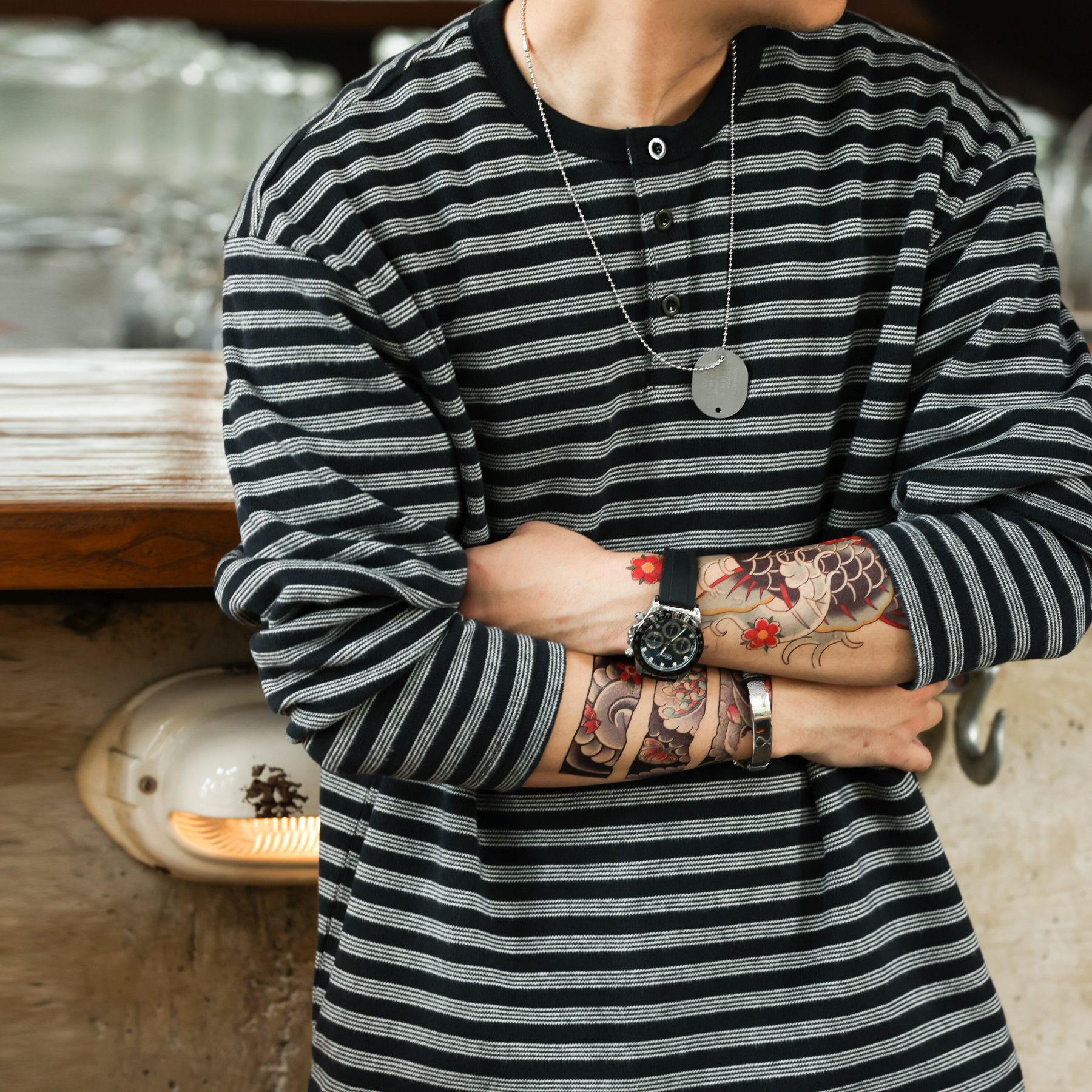 American Casual 360g Heavy-Duty Striped Men'S Loose Retro Henry Collar T-Shirt