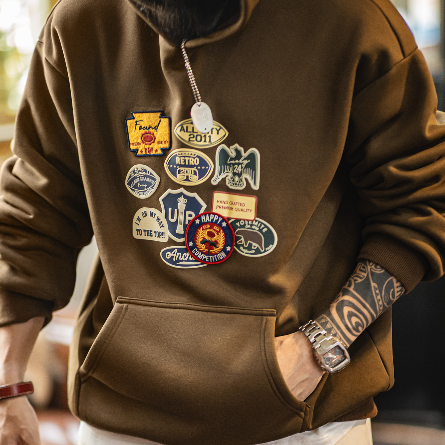 American Brown Emblem Embroidered Velvet Knitted Maillard Loose Hoodie