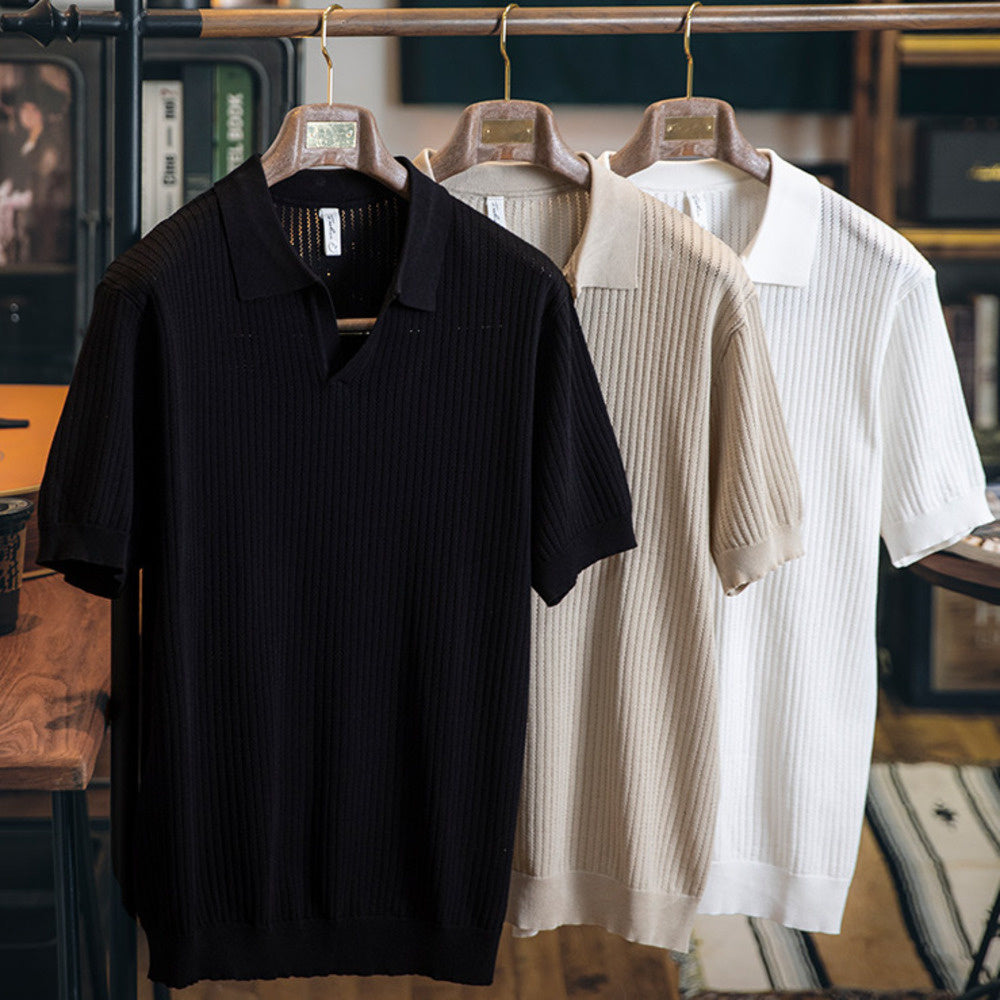 American V-neck Men's New Loose Knitted Shirt Summer Solid Color Collar Top