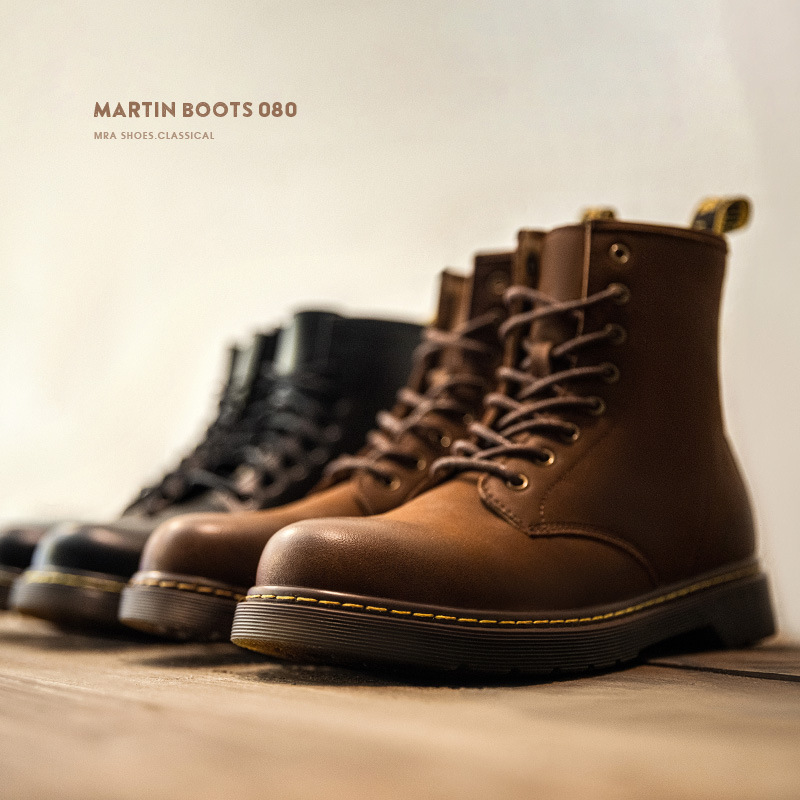 Maden Soft leather medium top British style high top leather shoes, work clothes, black leather boots