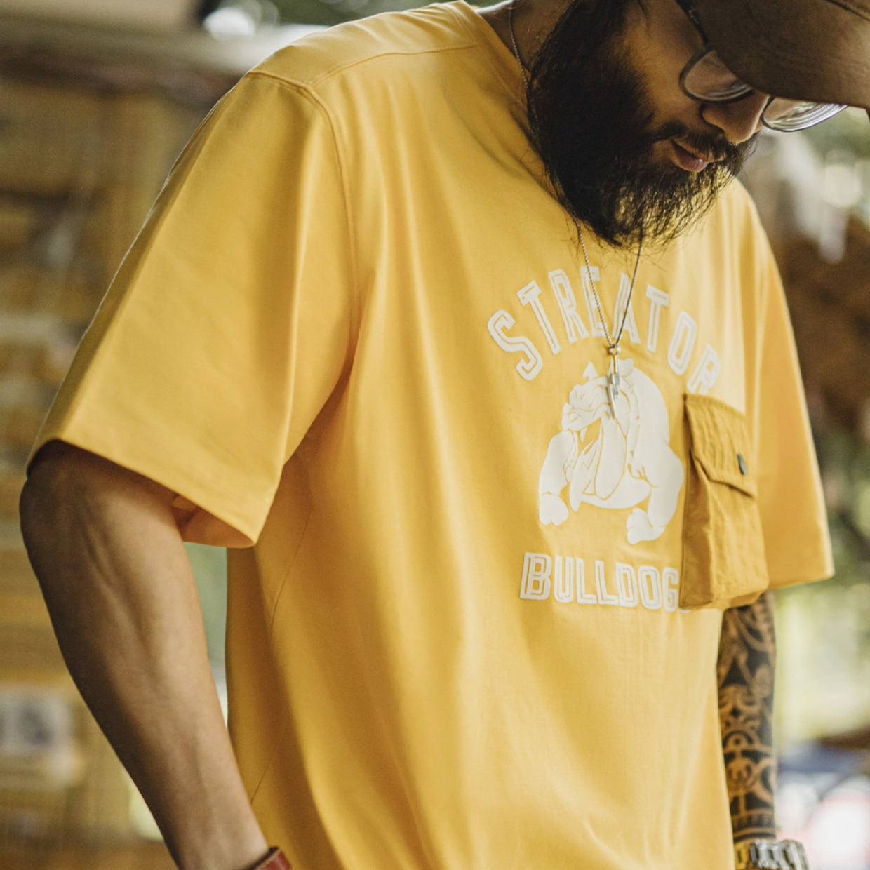 American printed men's loose shoulder sleeves with ginger thread collar pockets T-shirts