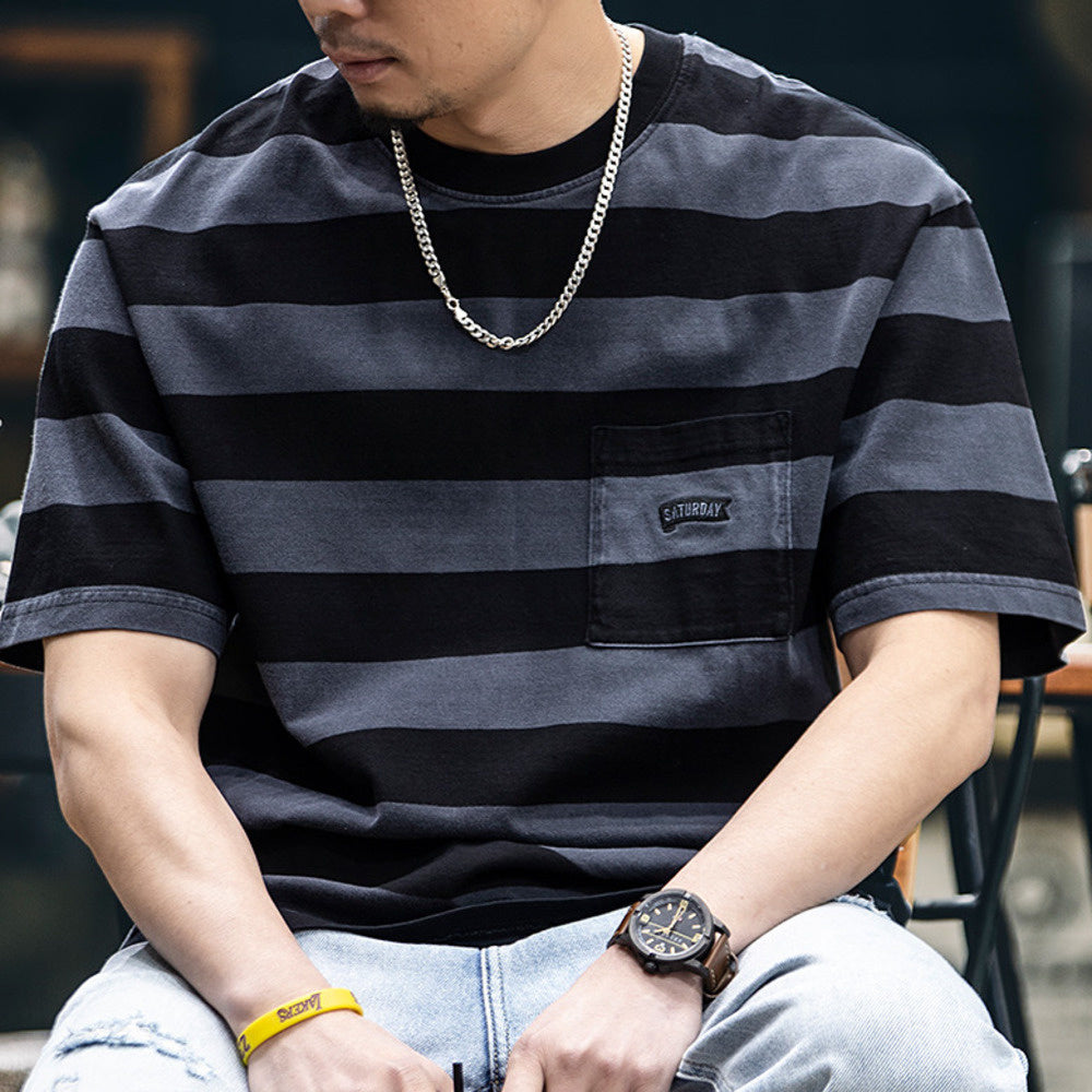 Summer American pure cotton striped men's loose round neck T-shirt