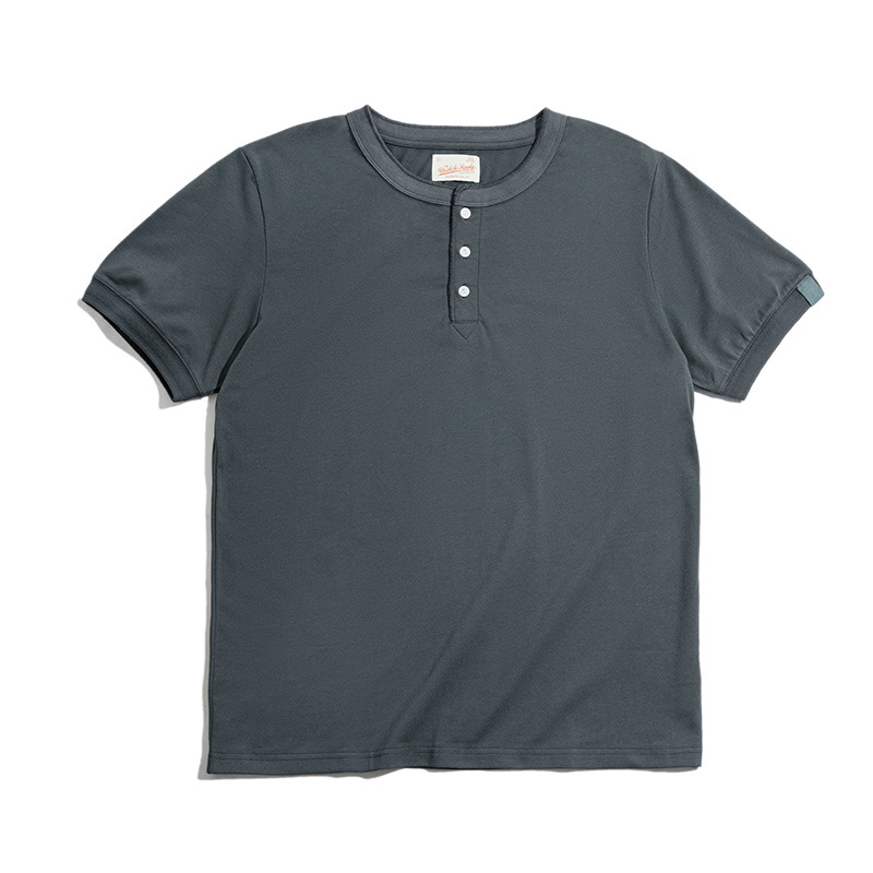 Maden Retro Amekaji Short Sleeve Henley Shirt Summer Army Green Micro-Elastic T-shirt