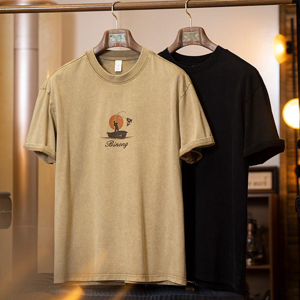 American style vintage men's summer loose print pure cotton short sleeved t-shirt