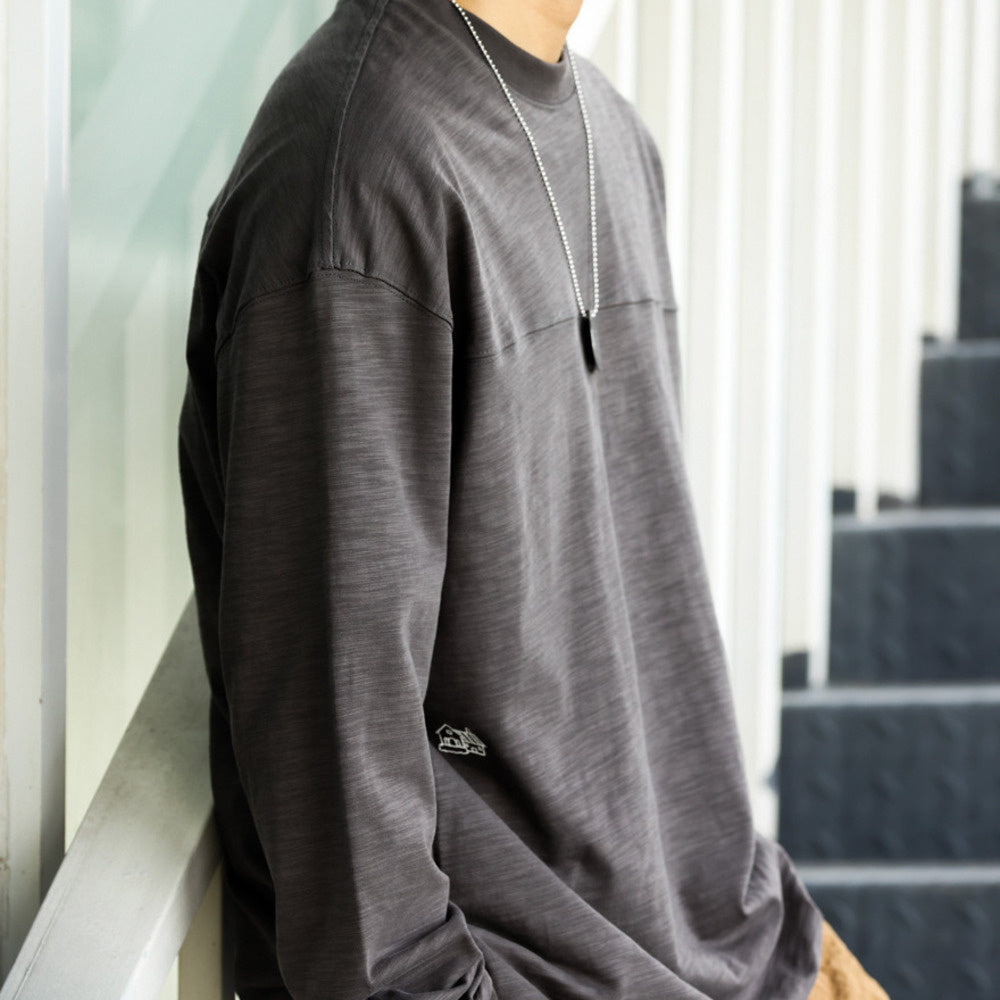 Japanese casual 300g heavyweight bamboo cotton long sleeved loose embroidery crisp feeling layered bottom T-shirt