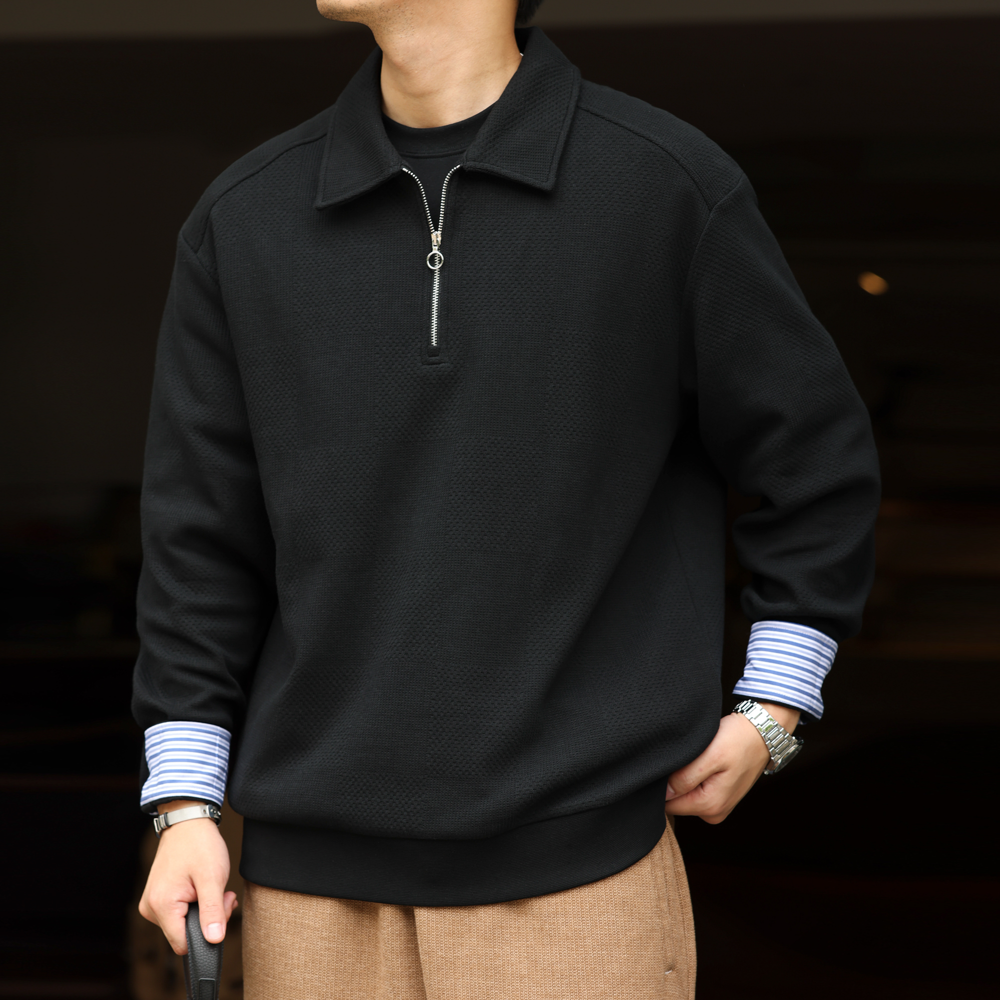 American Casual Half Zipper Men'S Jacquard Knitted Layered Long Sleeved Polo Shirt