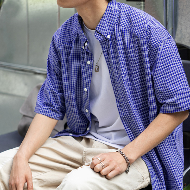 Summer men's plaid pure cotton casual loose short sleeved shirt