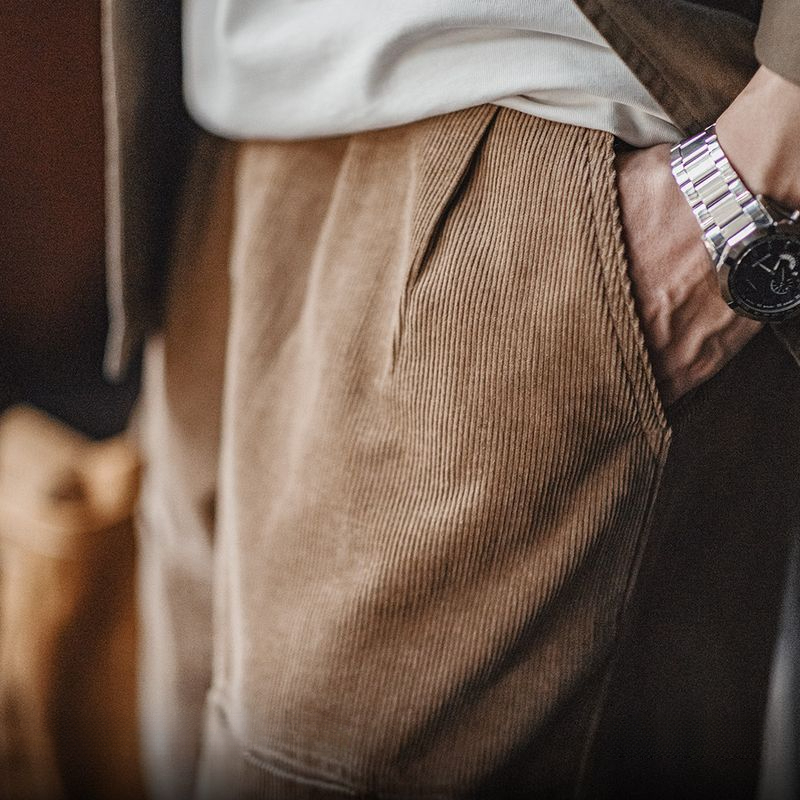 Maden retro multi pocket corduroy casual pants, loose striped velvet, pure cotton straight leg pants