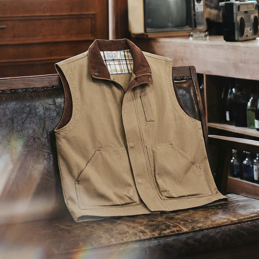 American Retro Safari Hunting Suit Pure Cotton Khaki Corduroy Vest