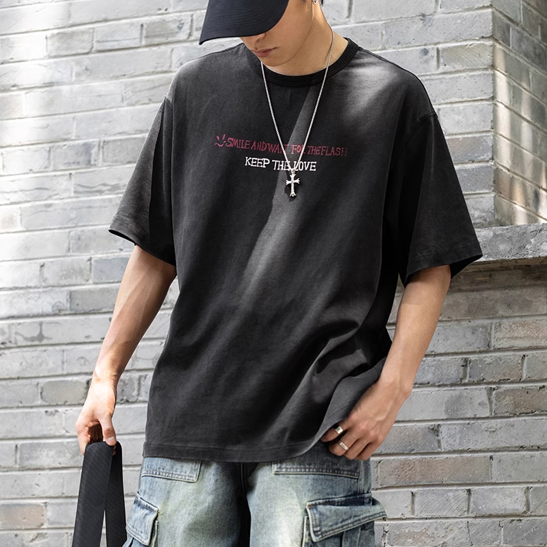 American retro washed letter printed casual loose short sleeved T-shirt