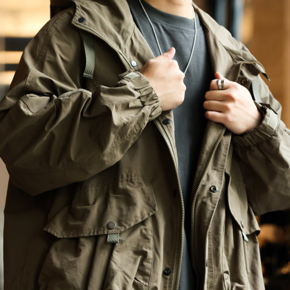 Retro mountain style workwear jacket, loose sports large pocket windproof hooded jacket