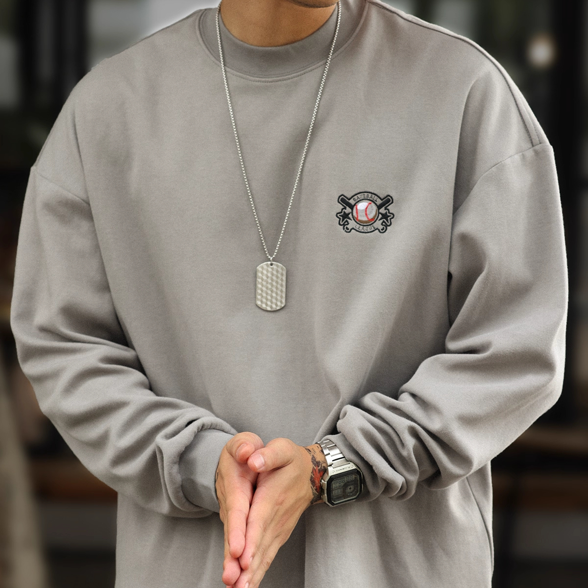 300g Retro Baseball Embroidered Men's Casual Long Sleeved T-Shirt