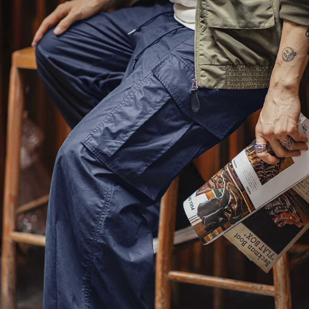 American M65 Large Pocket Japanese Cityboy Blue Woven Leg Tied Casual Pants