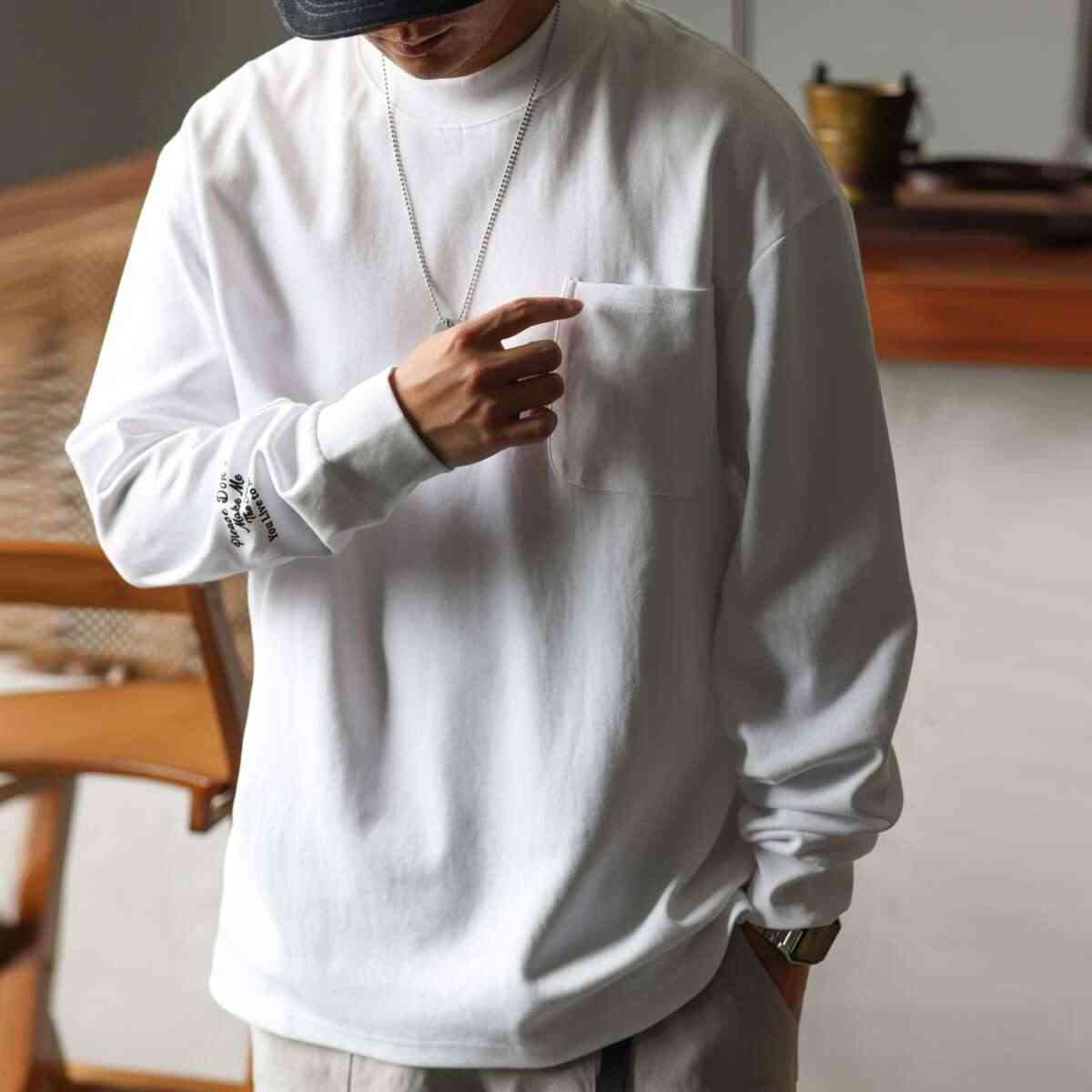 BGYO Thick 300g Casual Long Sleeve T-shirt for Men, Loose Small Collar, Casual Pocket Bottom, TEE