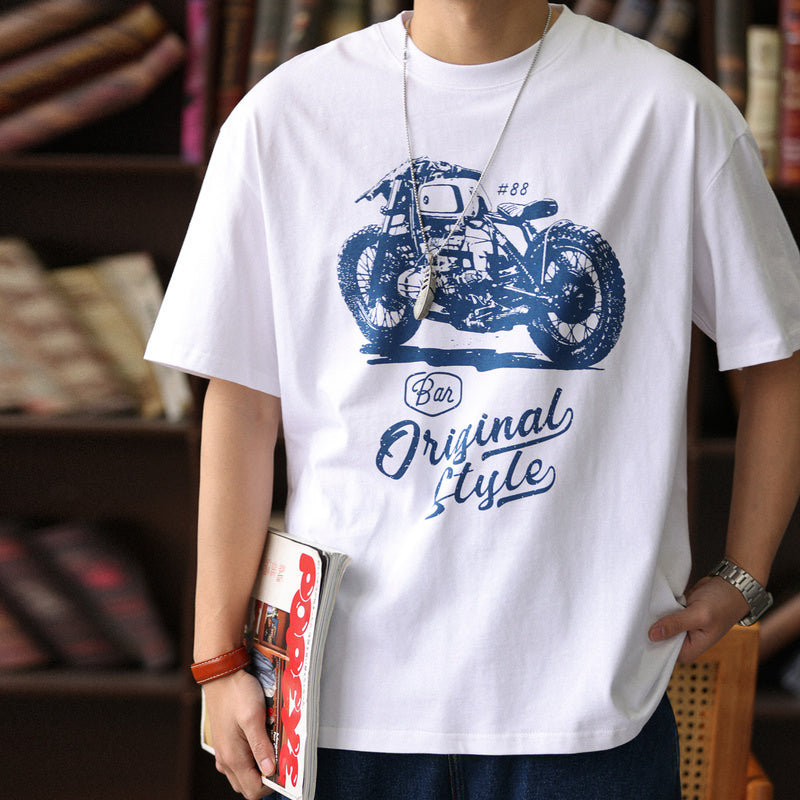 American casual motorcycle print men's loose round neck pure cotton T-shirt