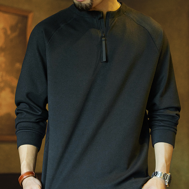 American Retro Black Half Zipper Men'S 2025 Autumn New Long Sleeved T-Shirt