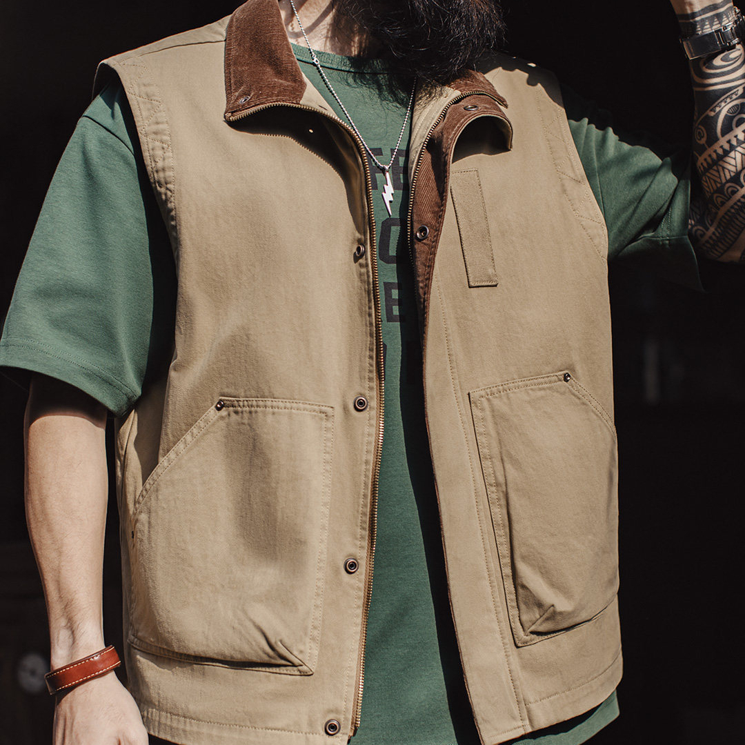 American Retro Safari Hunting Suit Pure Cotton Khaki Corduroy Vest
