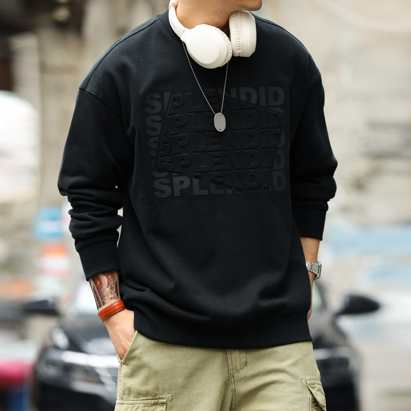 Retro fleece letter printed round neck sweatshirt loose 480g heavyweight long sleeved casual top