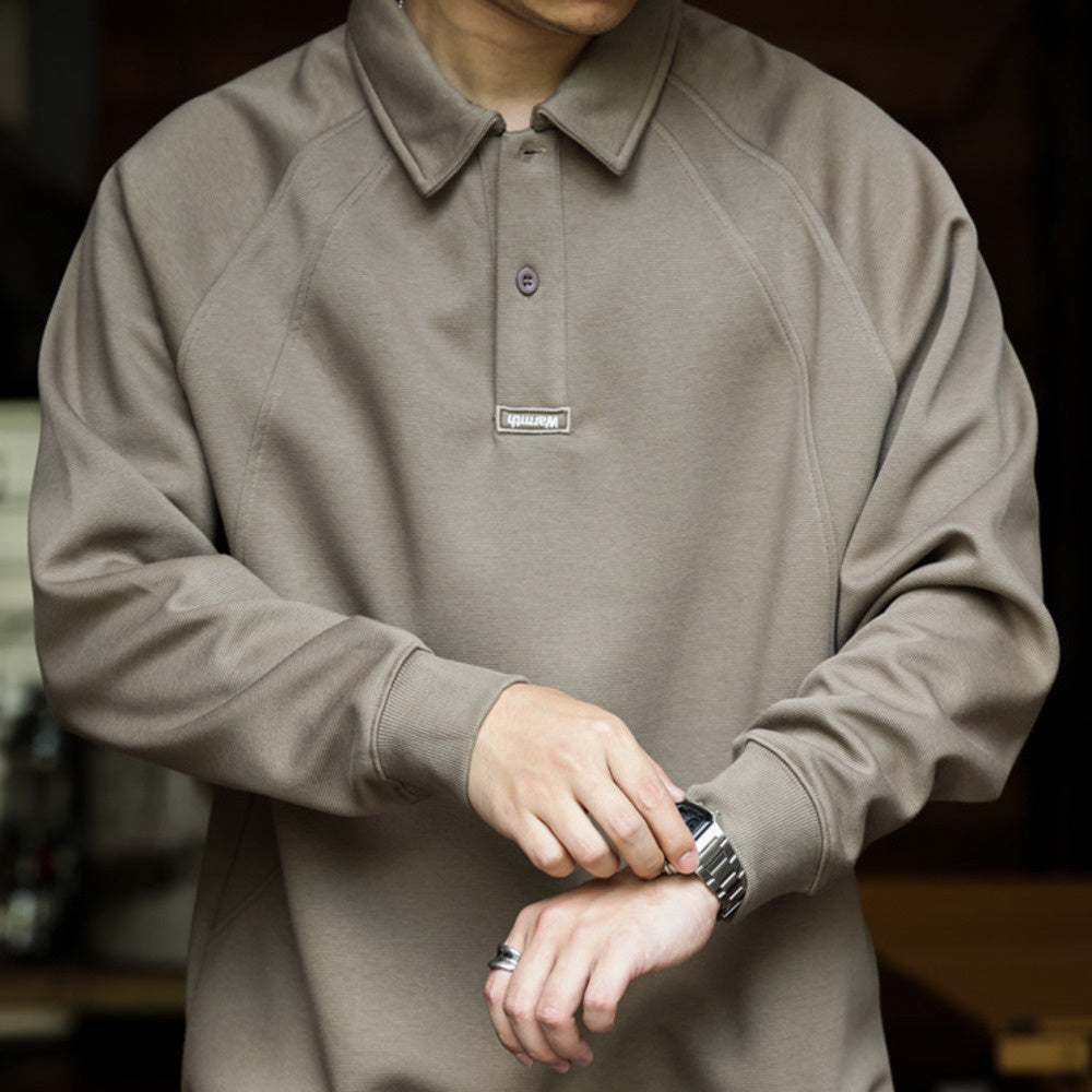 Japanese retro lapel long sleeved polo shirt 300g heavyweight split splicing raglan casual top