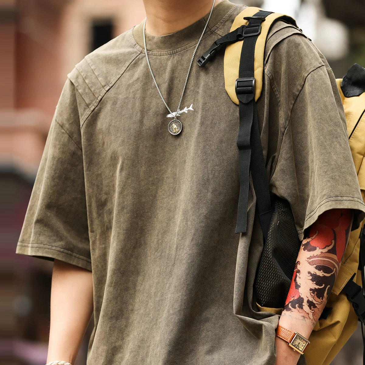 American Retro Shark Gill Design Men'S 225g Vintage Tough Guy Short Sleeved T-Shirt